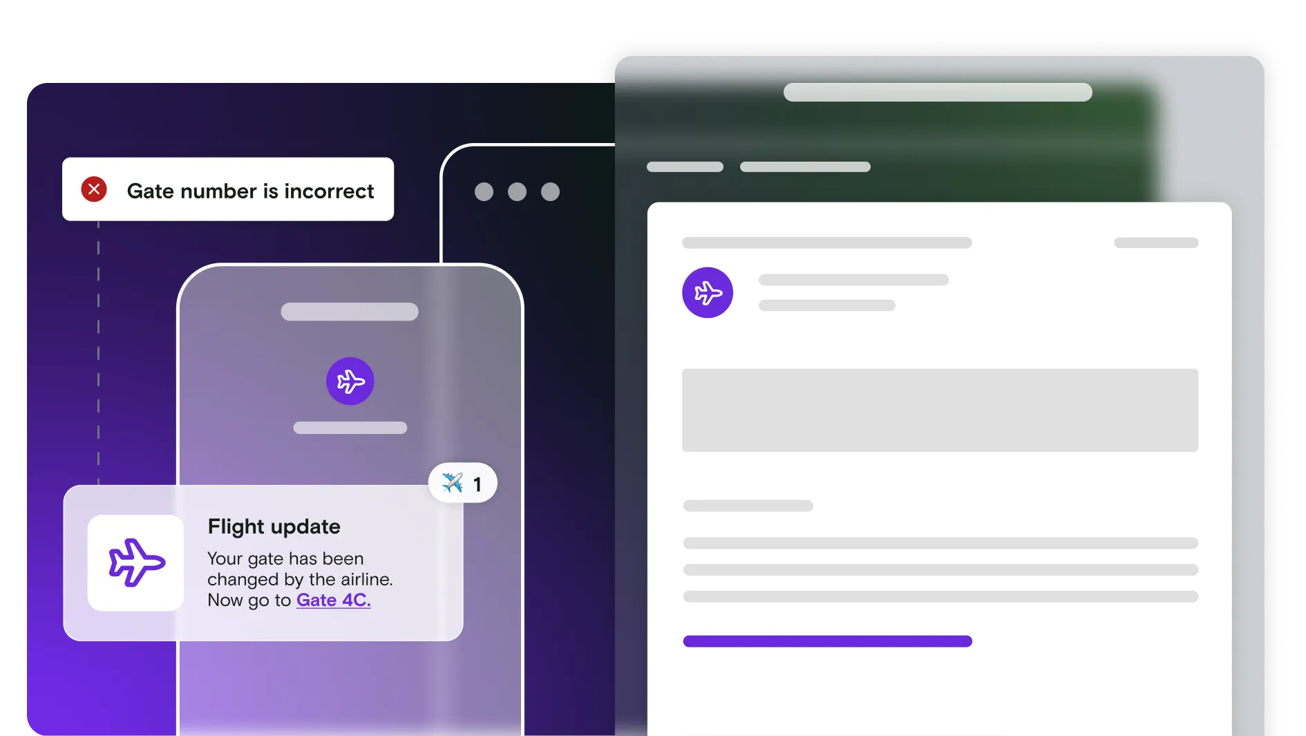 Mobile and email illustration with flight update notification