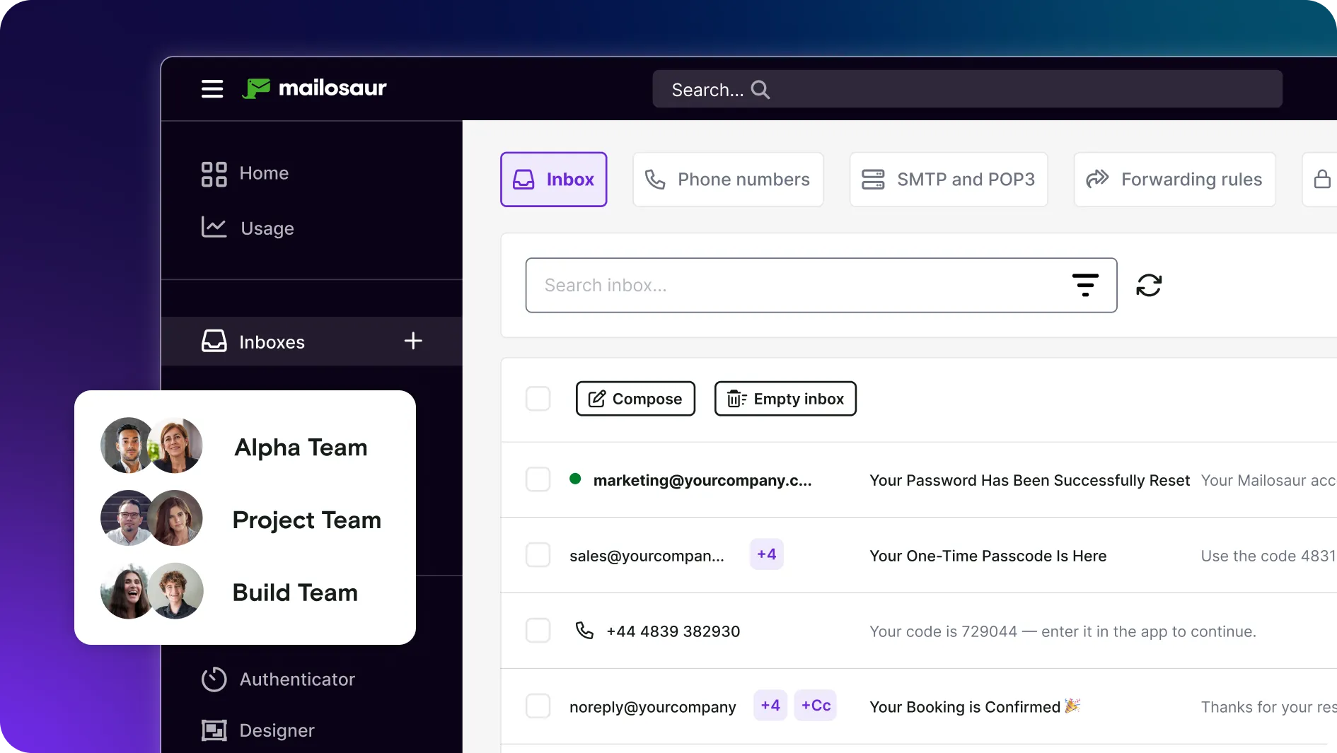 Mailosaur dashboard with emails and SMS and team dialog box on gradient background