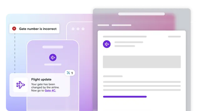Email and mobile phone illustration with flight update notification on gradient background