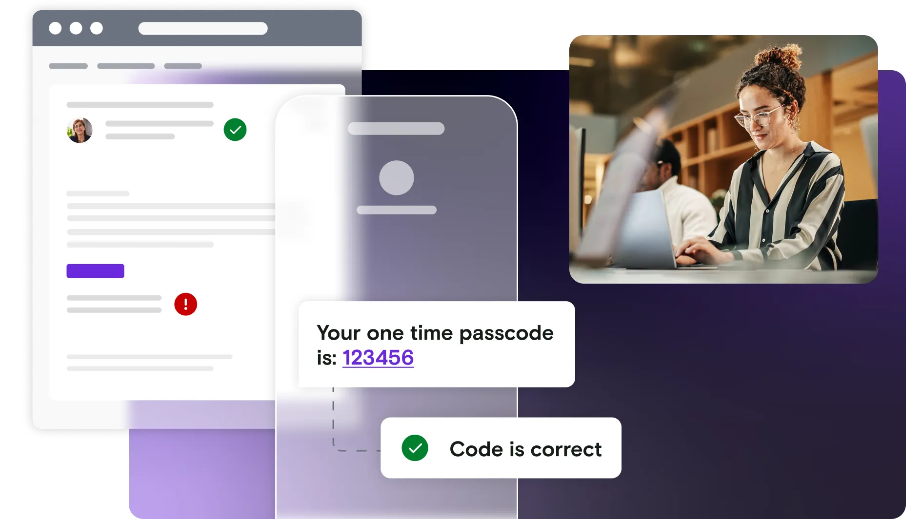 Woman on laptop with mobile and email illustration with gradient background