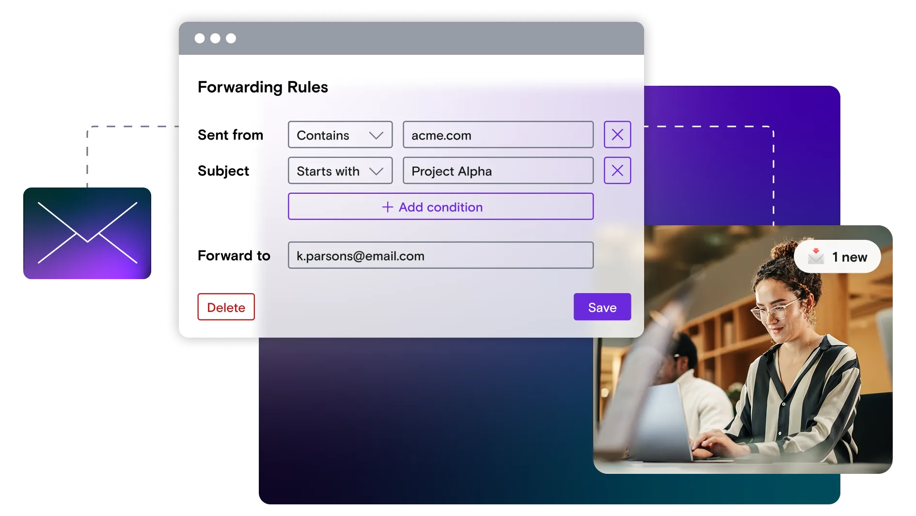 Image of woman on laptop with forwarding rules window and envelope illustration on gradient background