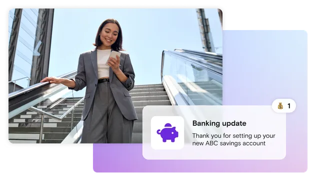Picture of woman on stairs with banking update and gradient
