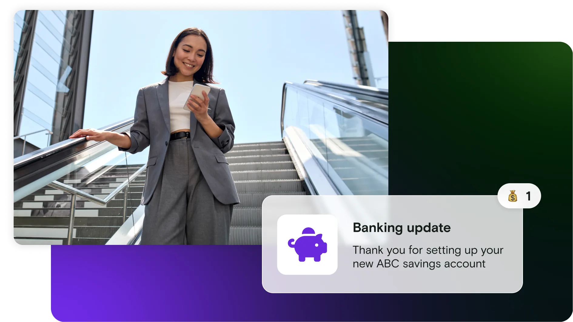 Image of woman with banking update notification on gradient background