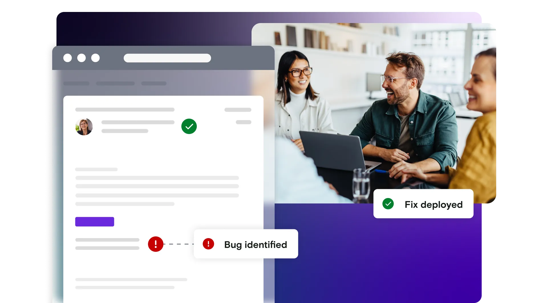 Image of team laughing with email and pass and fail notifications