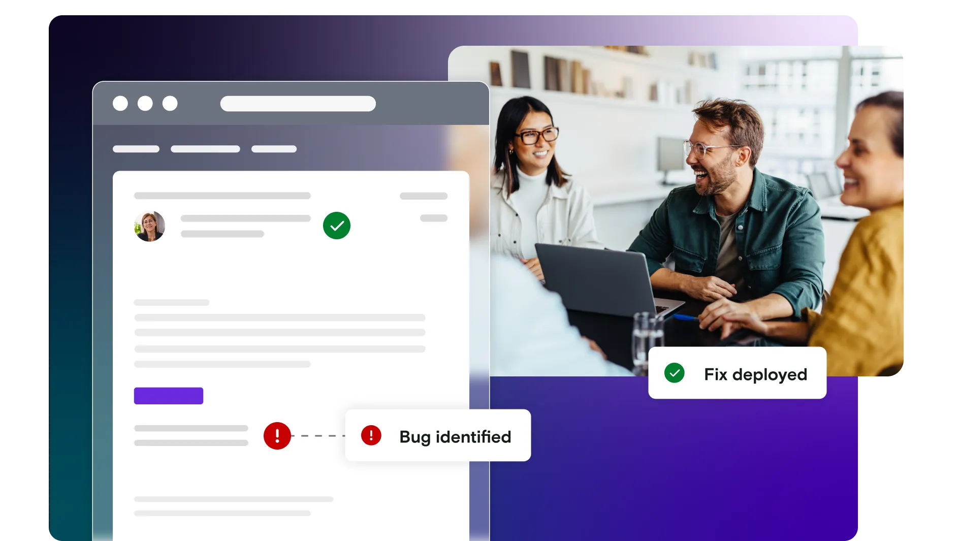 Image of team laughing with email and pass and fail notifications