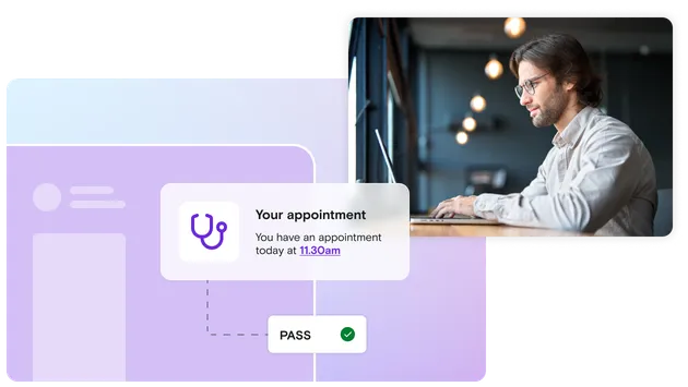 Image of man on laptop with appointment notification and pass notification