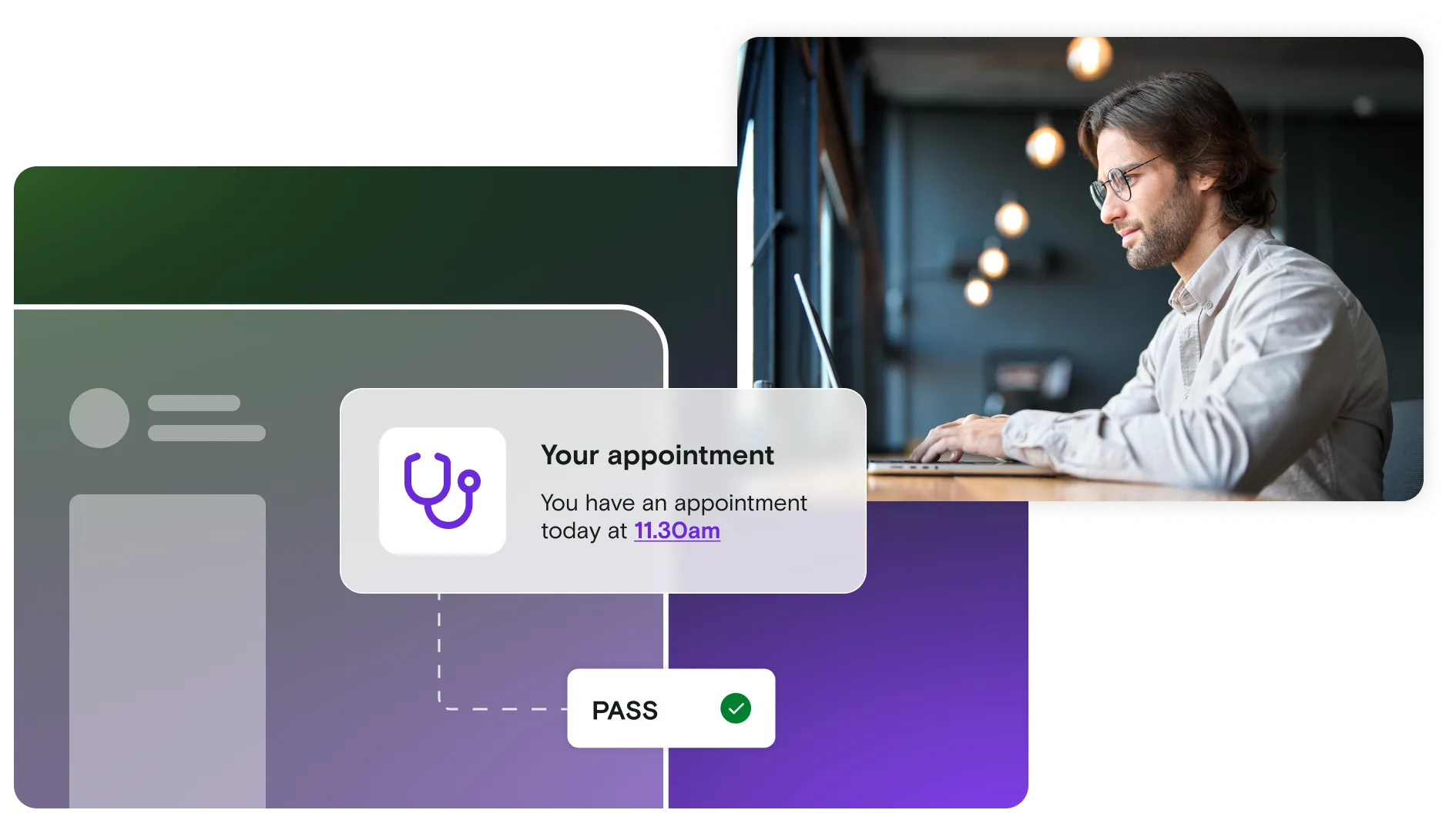 Image of man on laptop with appointment notification on gradient background