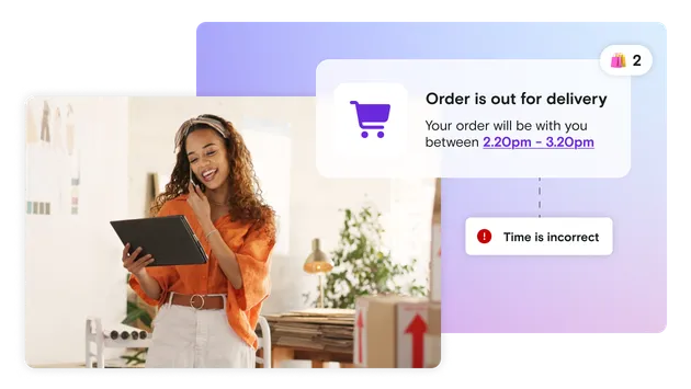 Woman on iPad with delivery notification on gradient background