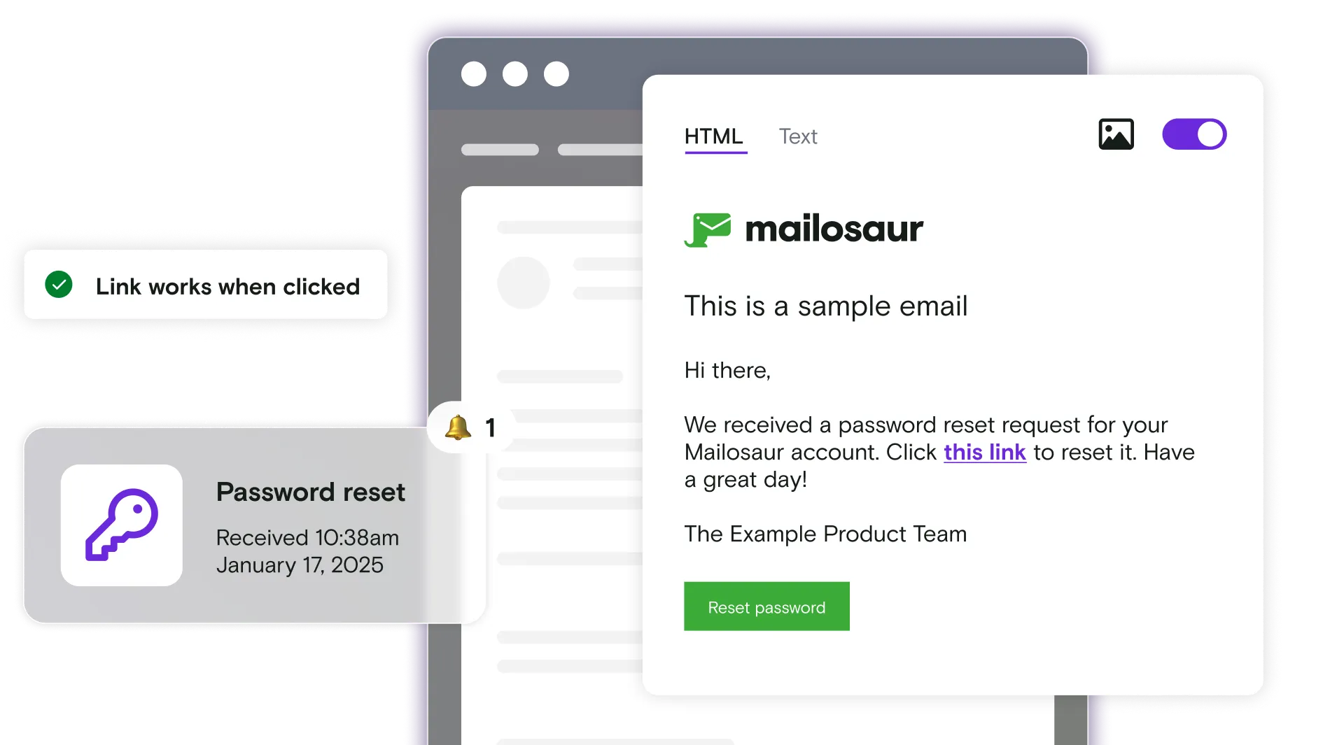 Email illustration with password reset notification and pass notification