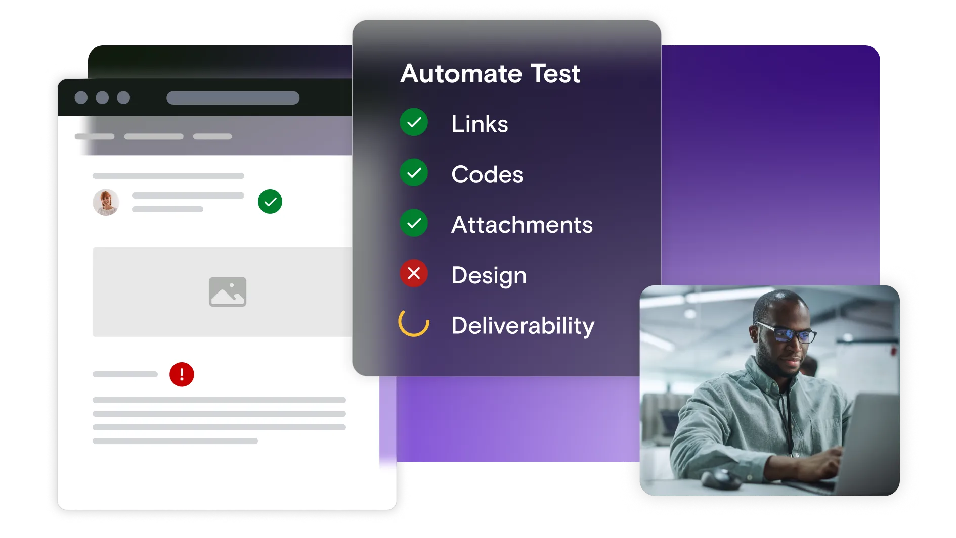 Email illustration with test window and man on laptop on gradient background