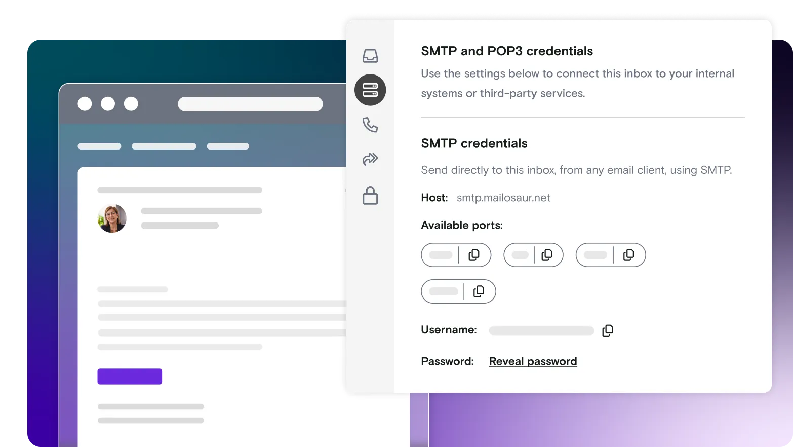 Email illustration and SMTP window on gradient background
