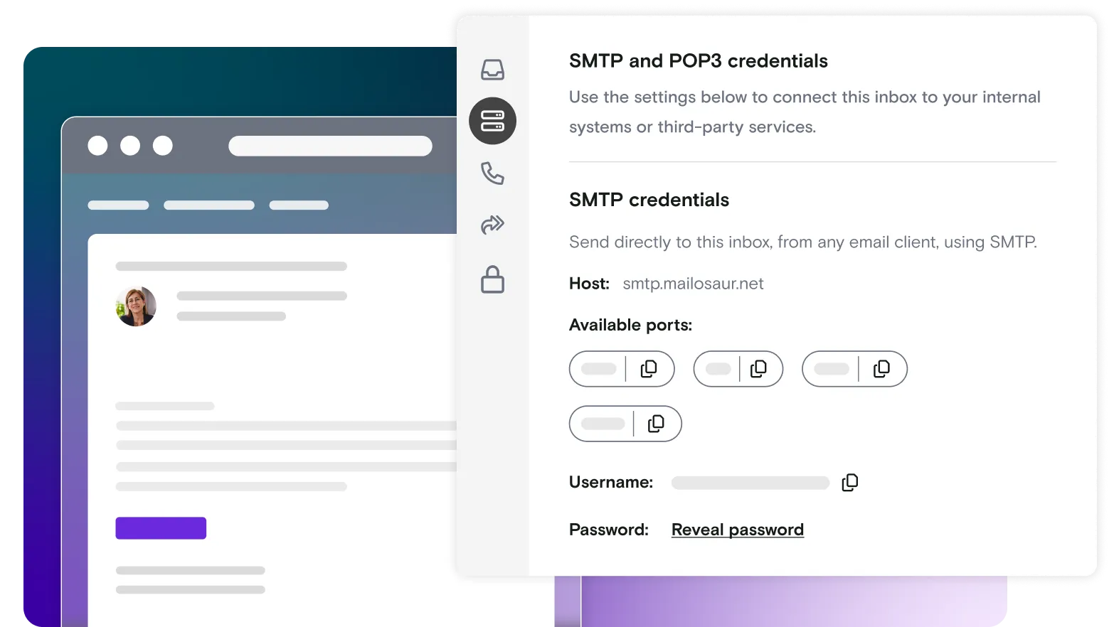 Email illustration and SMTP window on gradient background