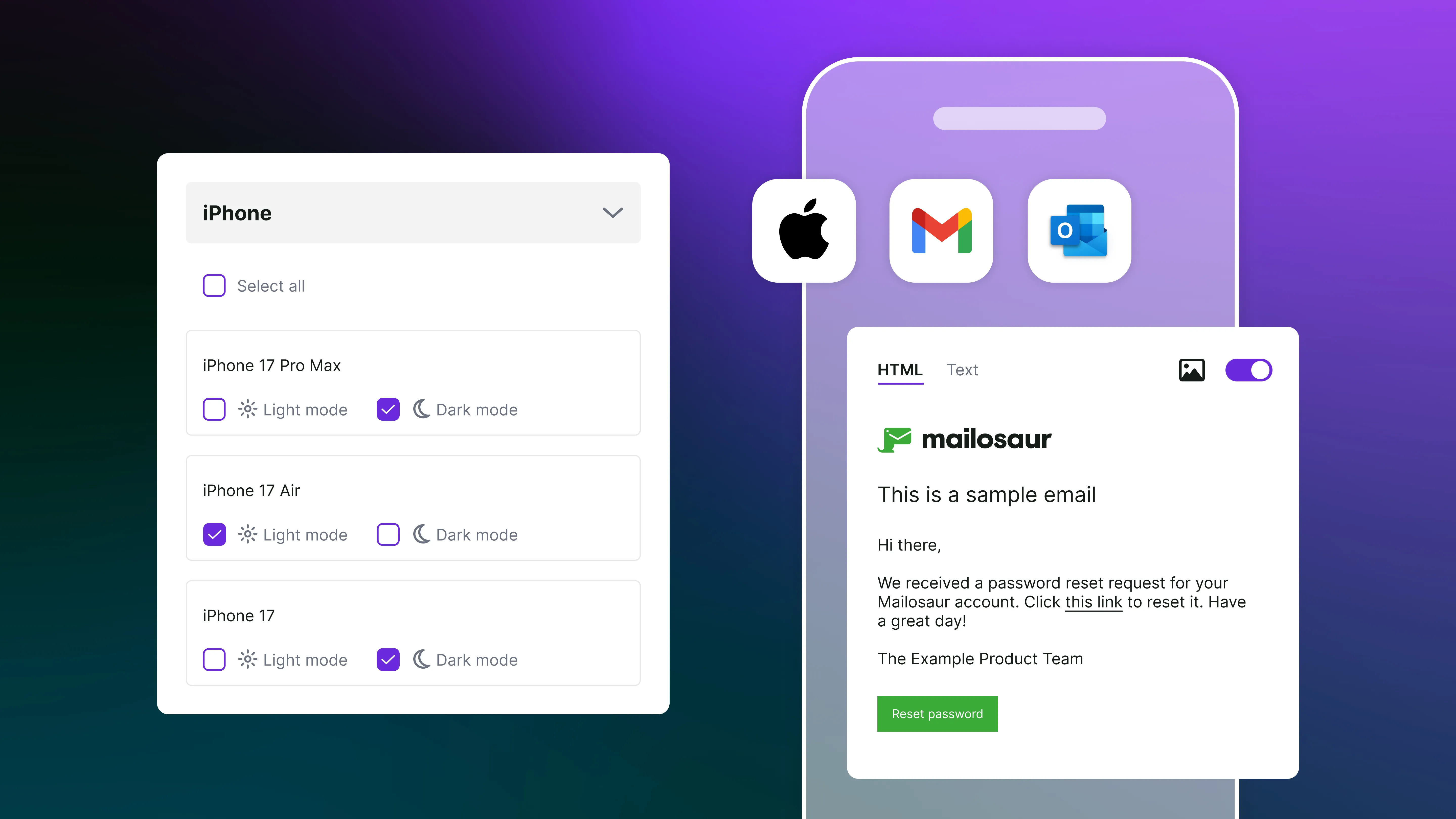 iPhone illustration with email client logos and iPhone dialog box