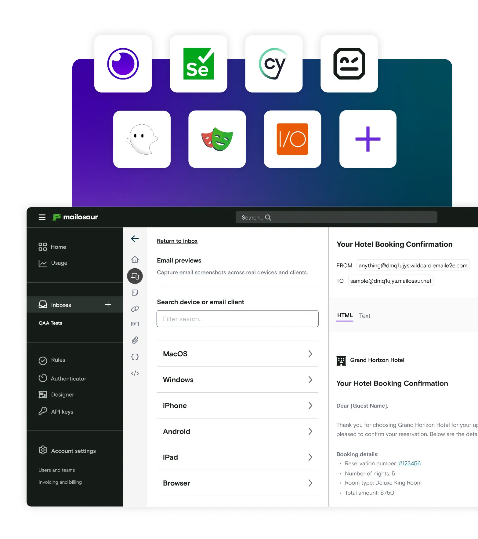 Frameworks logos with Mailosaur dashboard on gradient background