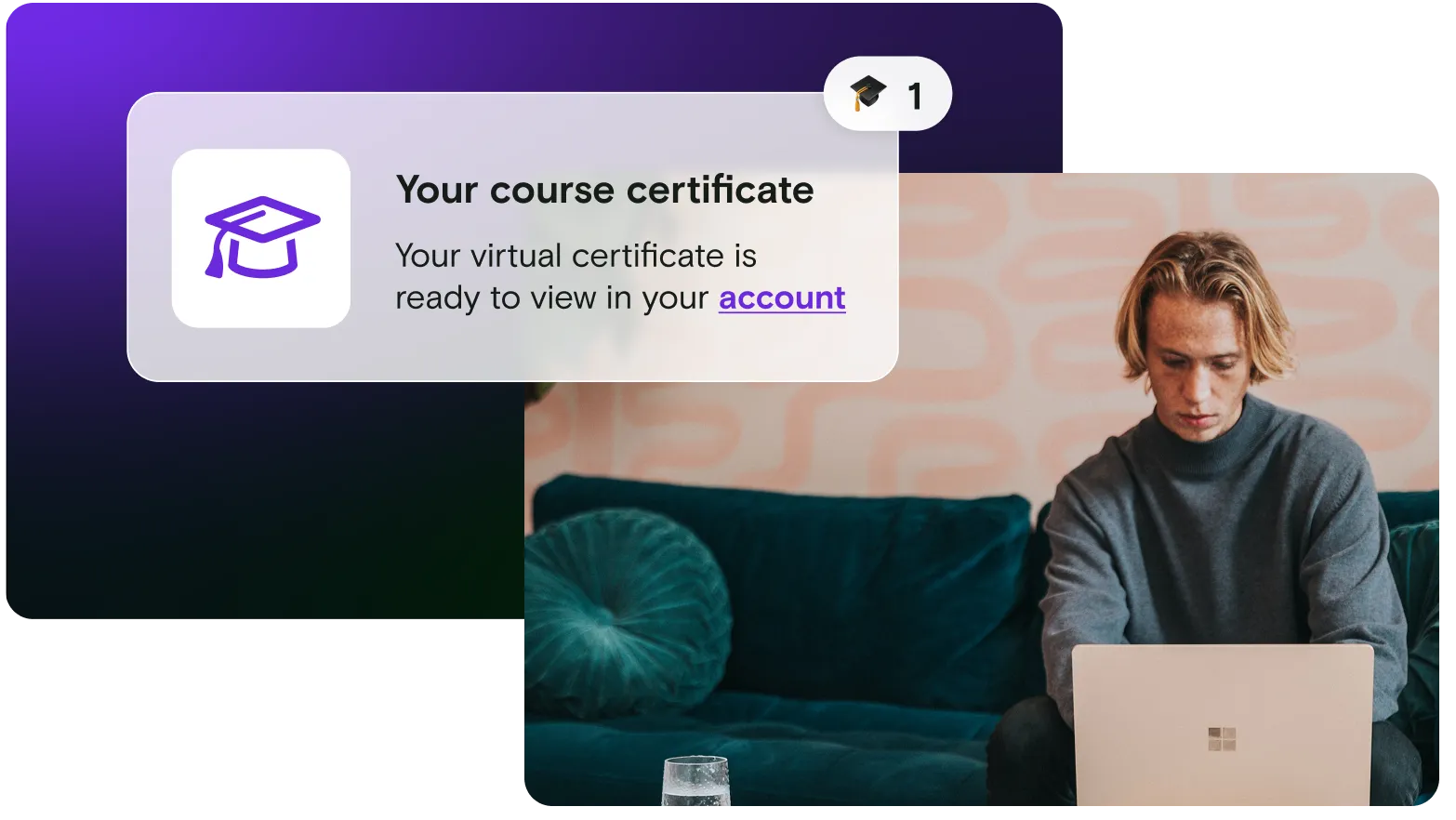 Image of man on laptop with course certificate notification on gradient background