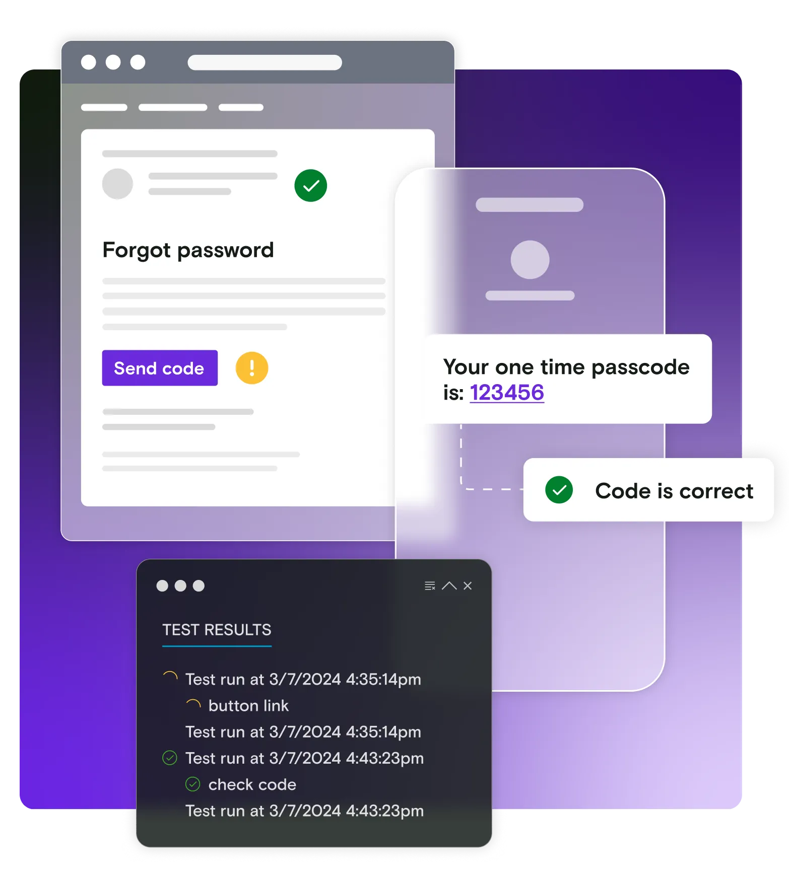 Email and mobile illustration with test running window on gradient background