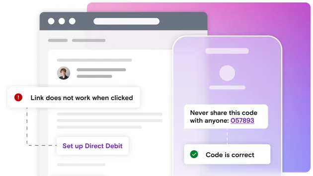 Email and phone illustration with pass and fail notifications on gradient background