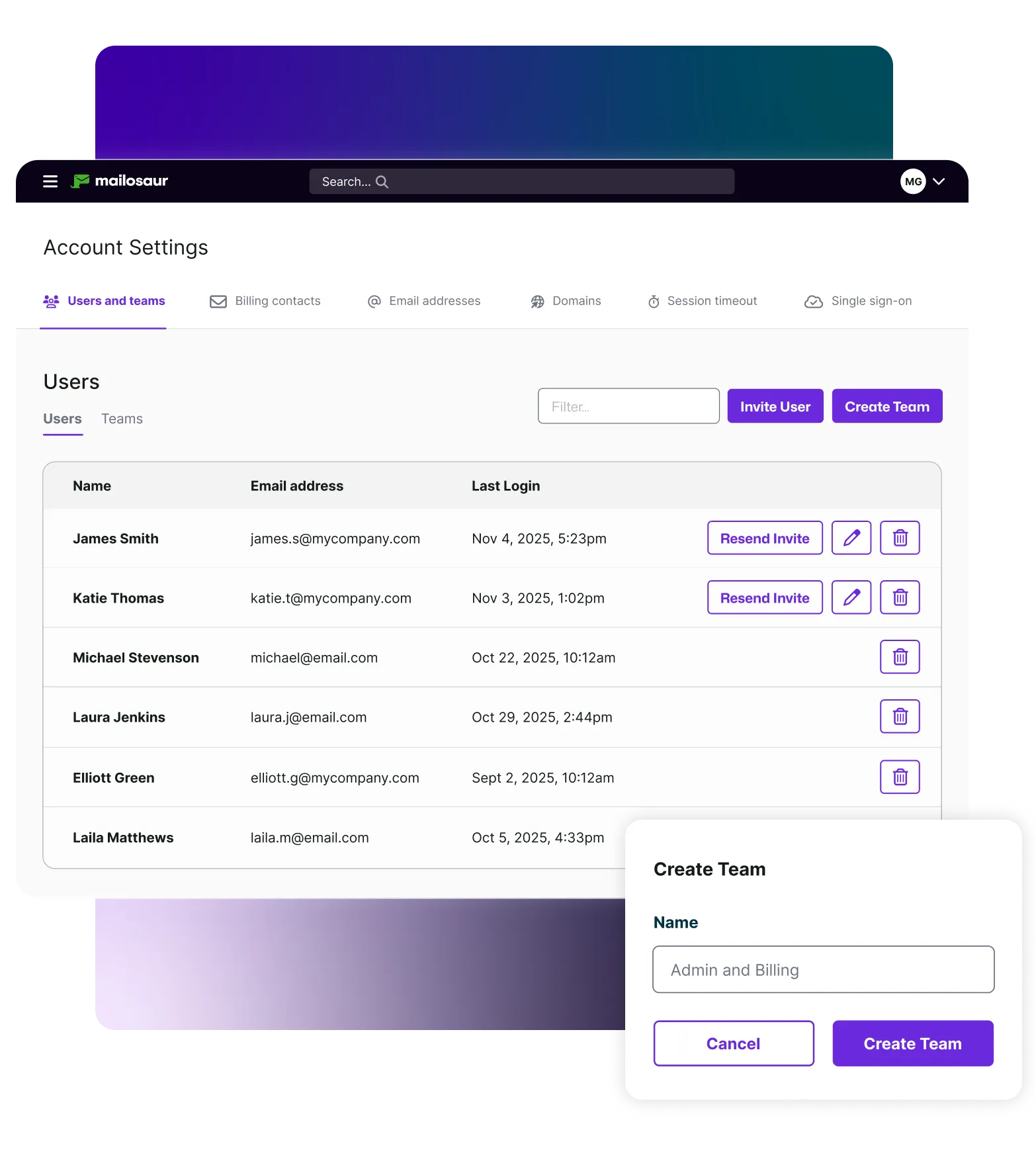 Mailosaur dashboard with user names and create team dialog box on gradient background