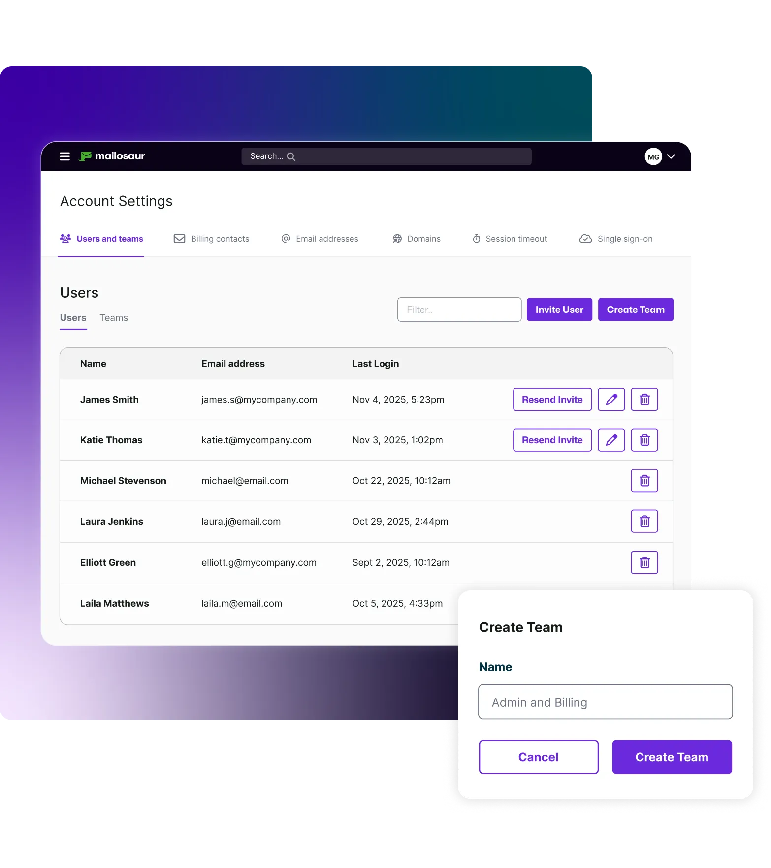 Mailosaur dashboard with user names and team dialog box on gradient background