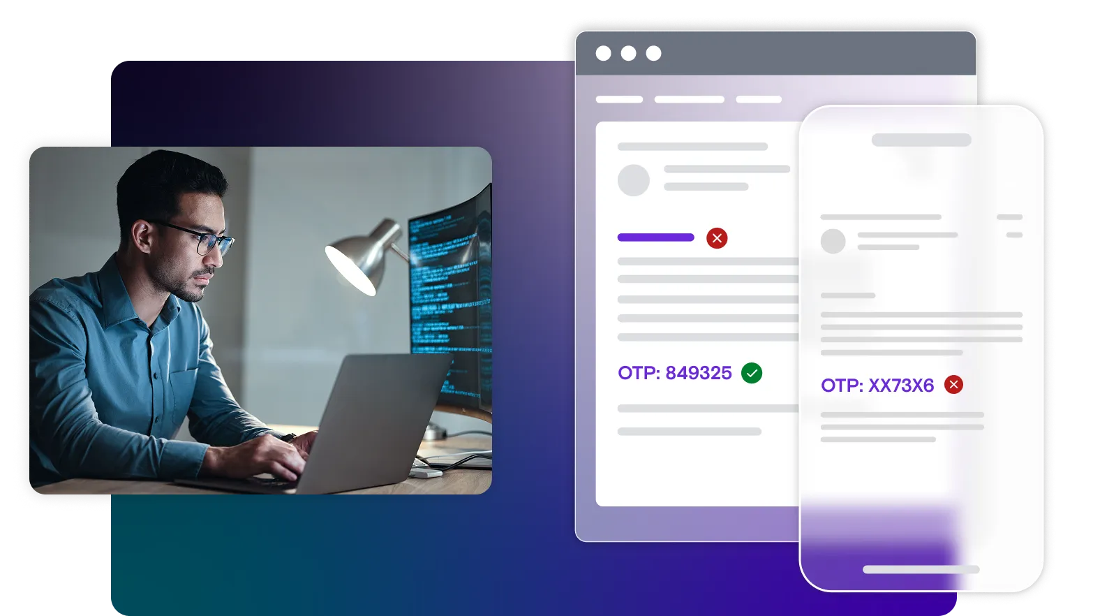 A one-time passcode on the left showing as passing in tests, and one on the right with missing characters showing as failing