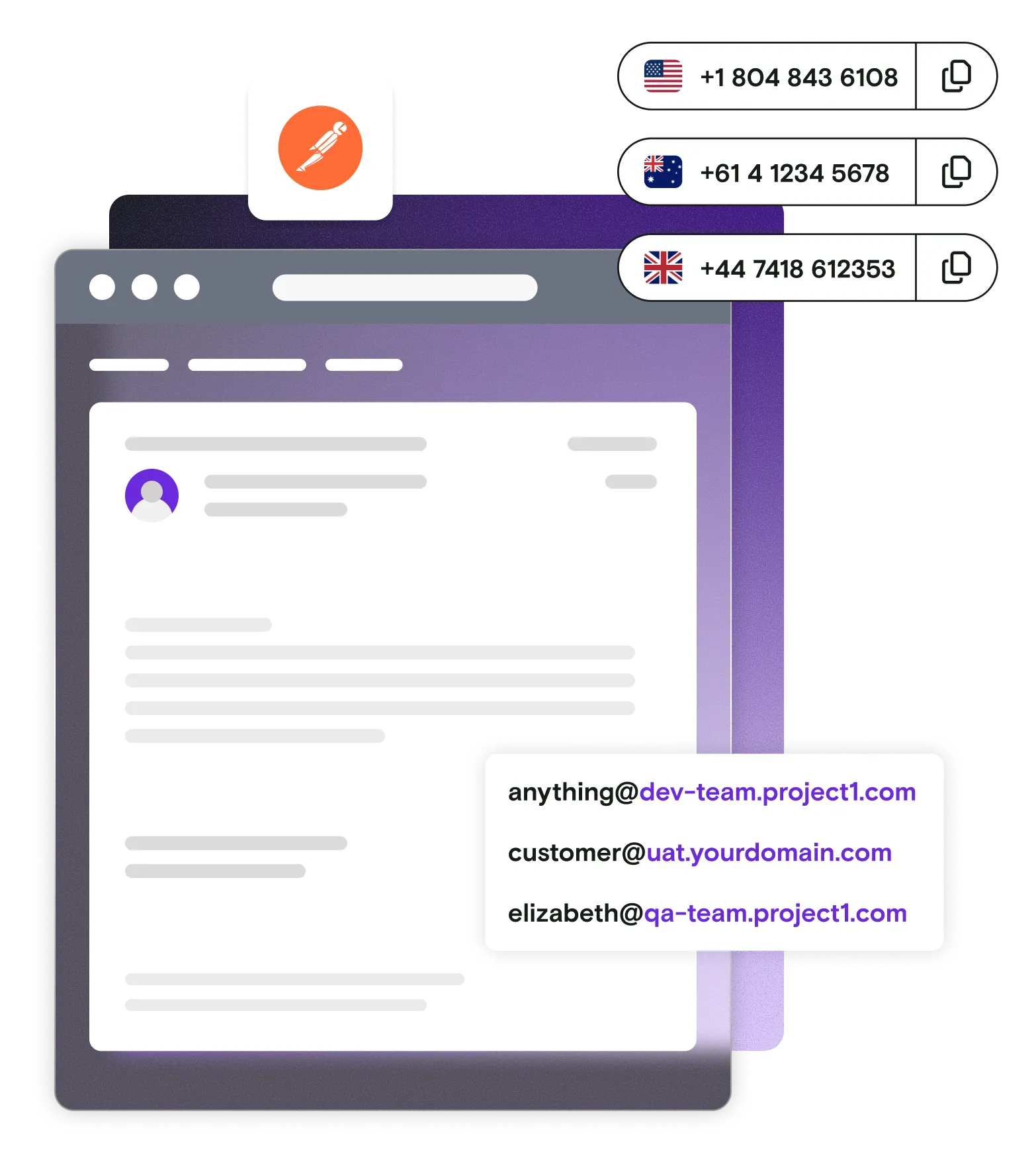Email illustration with international phone numbers email addresses and Postman logo on gradient background