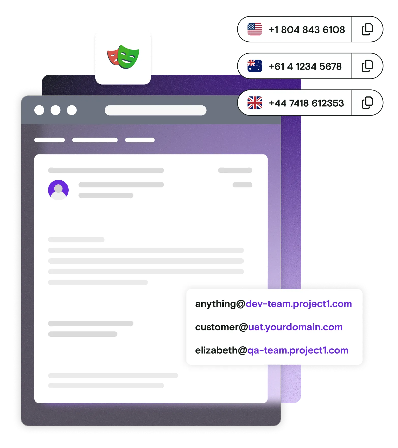 Email illustration with international phone numbers email addresses and Playwright logo on gradient background