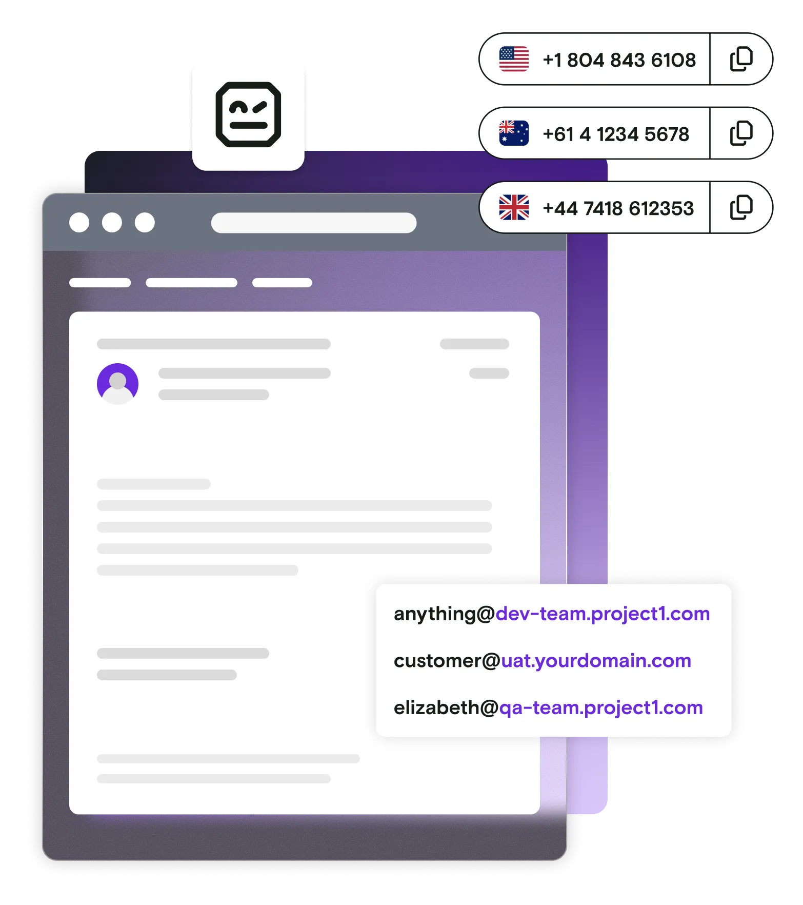 Email illustration with international phone numbers email addresses and Robot Framework logo on gradient background