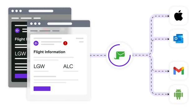 Dark and light mode email illustrations with email client logos and Mailosaur logo