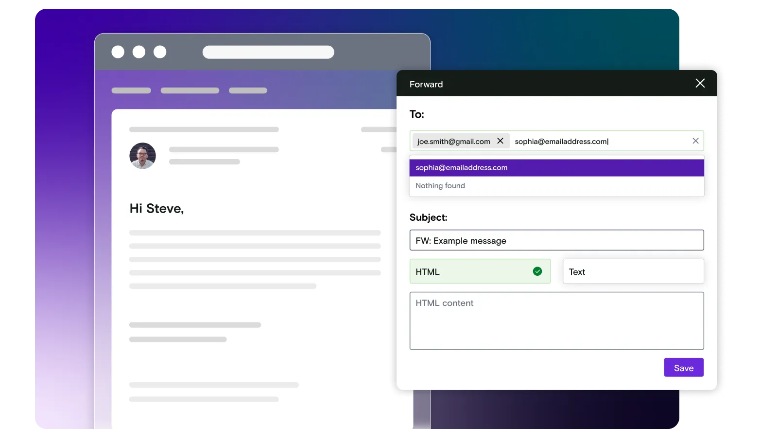 Email illustration with forwarding window on gradient background
