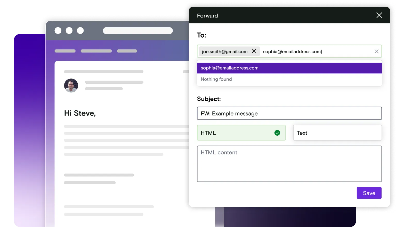 Email illustration with forwarding window on gradient background