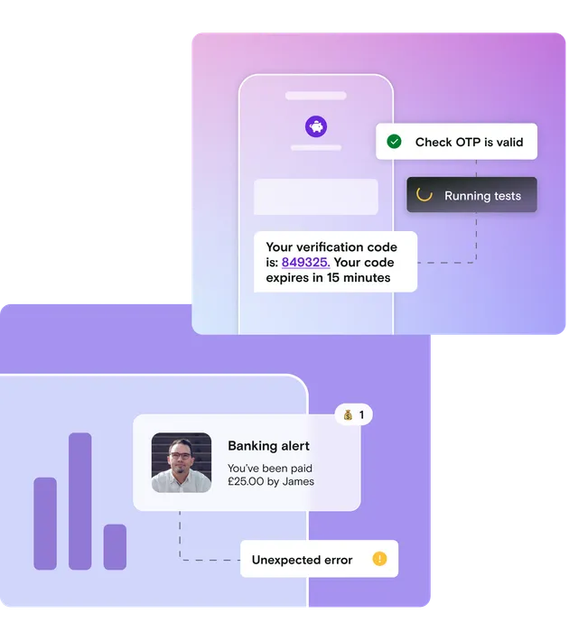 Illustration of banking alert and SMS with pass and fail notifications