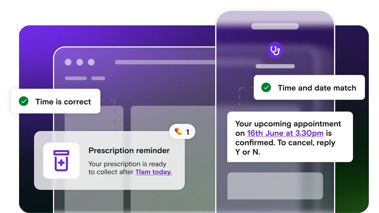 Mobile illustration with prescription and appointment reminders and SMS message