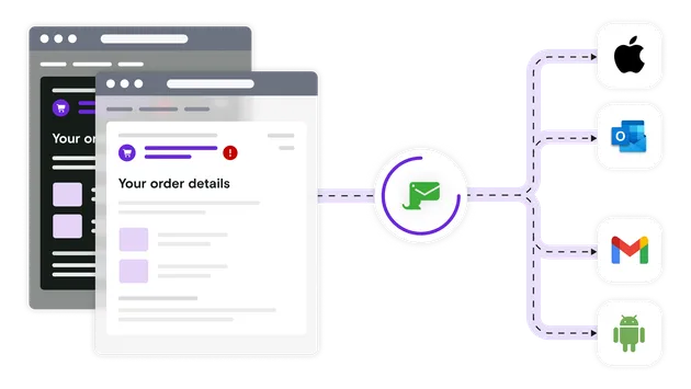Email client logos with light and dark mode email illustrations