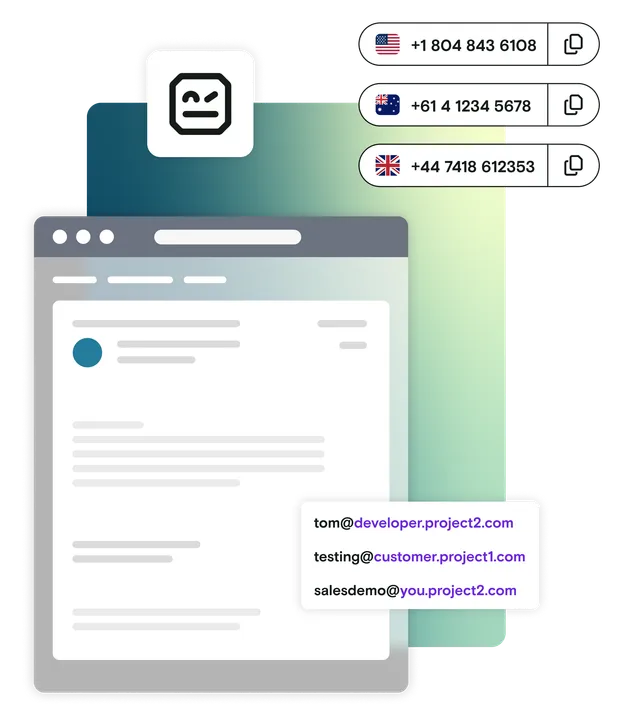 Email illustration with international phone numbers and custom domains and Robot Framework logo