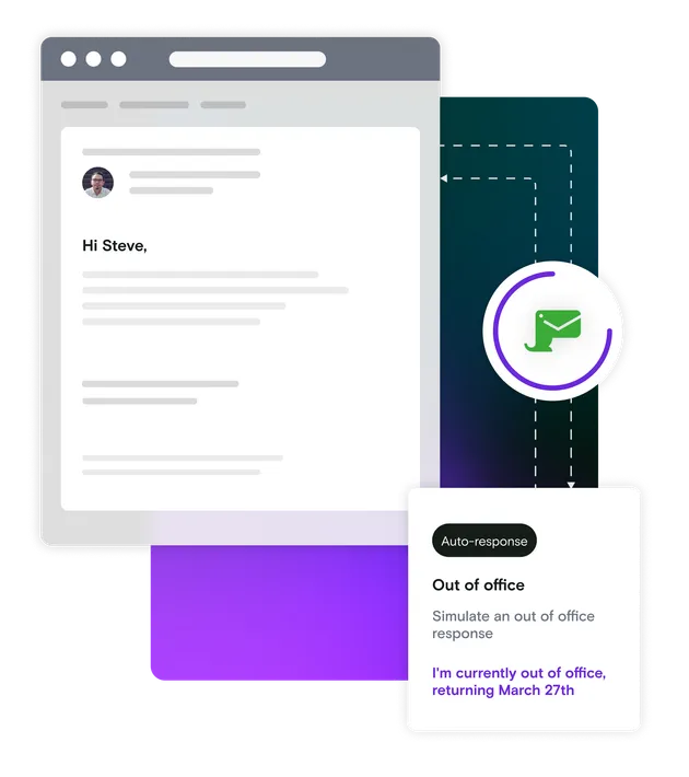 Email mockup with Mailosaur icon and out of office notification