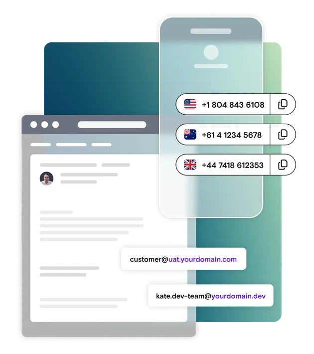 Email and mobile phone illustration with custom domains and international phone numbers on gradient background