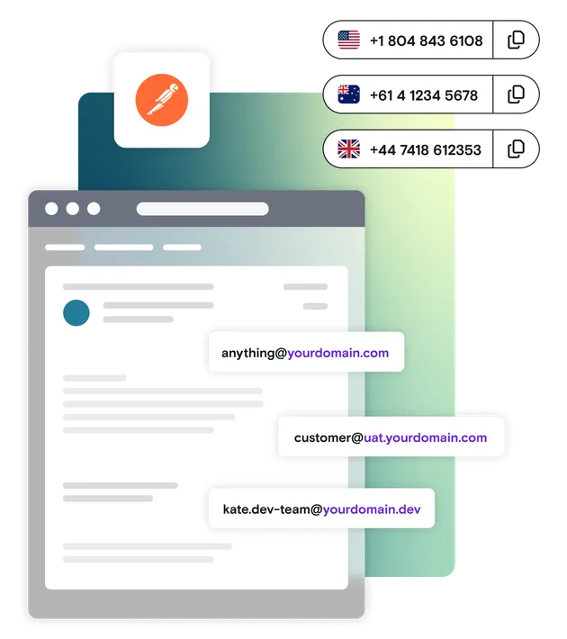 Email illustration with international phone numbers and custom domains and Postman logo