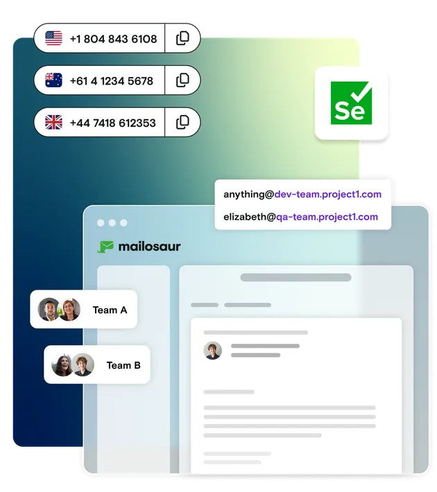 Illustration of Mailosaur dashboard, international phone numbers and custom domains with Selenium logo