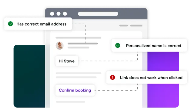 Email illustration on a gradient background with pass and error notifications