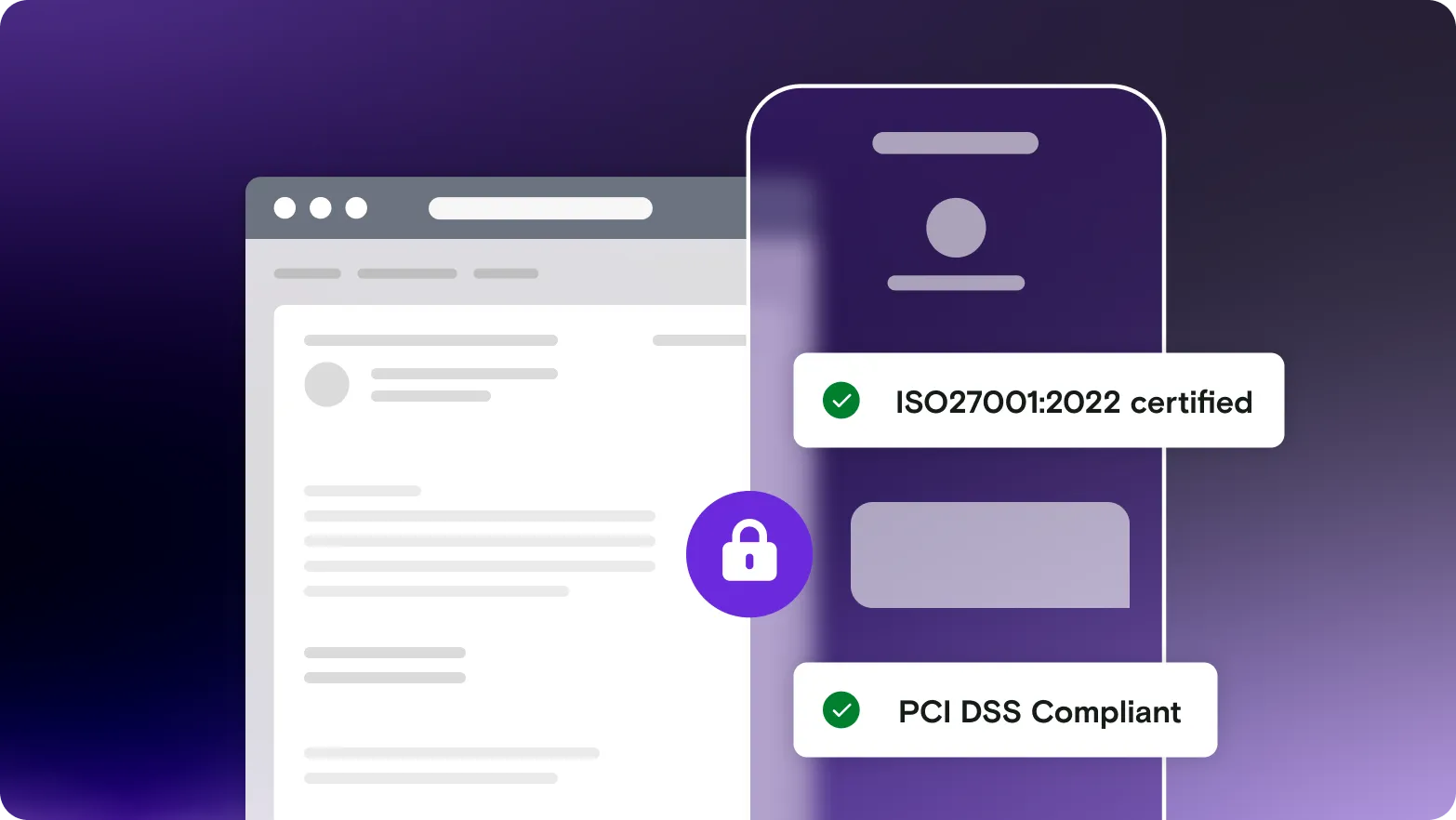 Mobile and email illustration with compliance certification on a gradient background