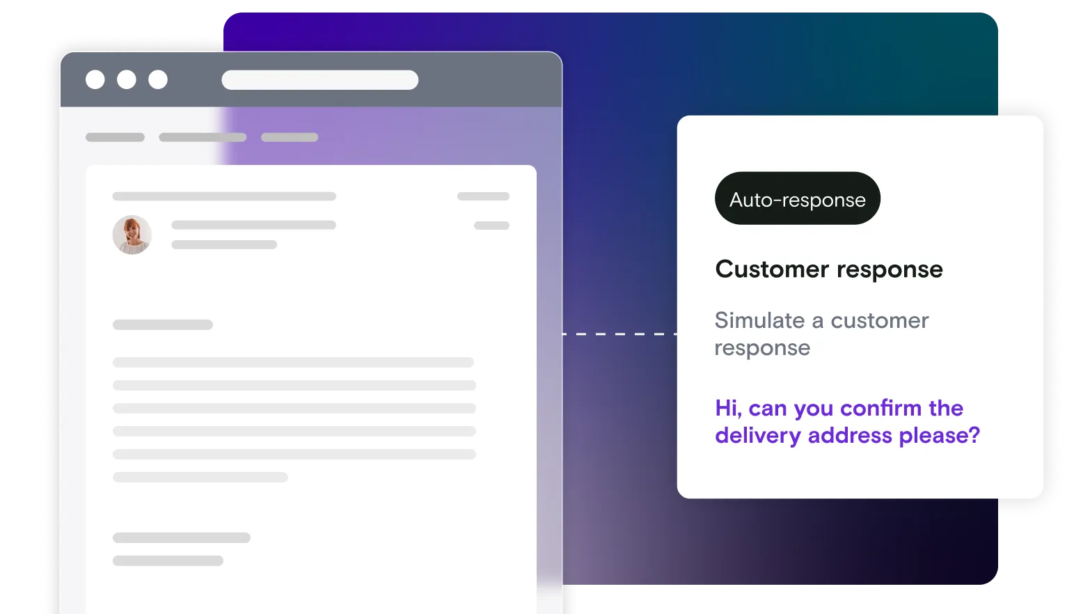 Email illustration with customer response dialog window on gradient background