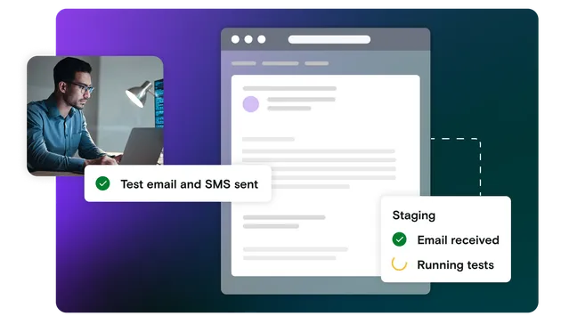 Image of man on laptop with pass and test notifications and email illustration