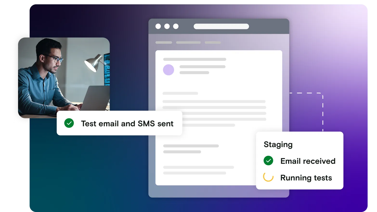 Email illustration with image of man on laptop on gradient background