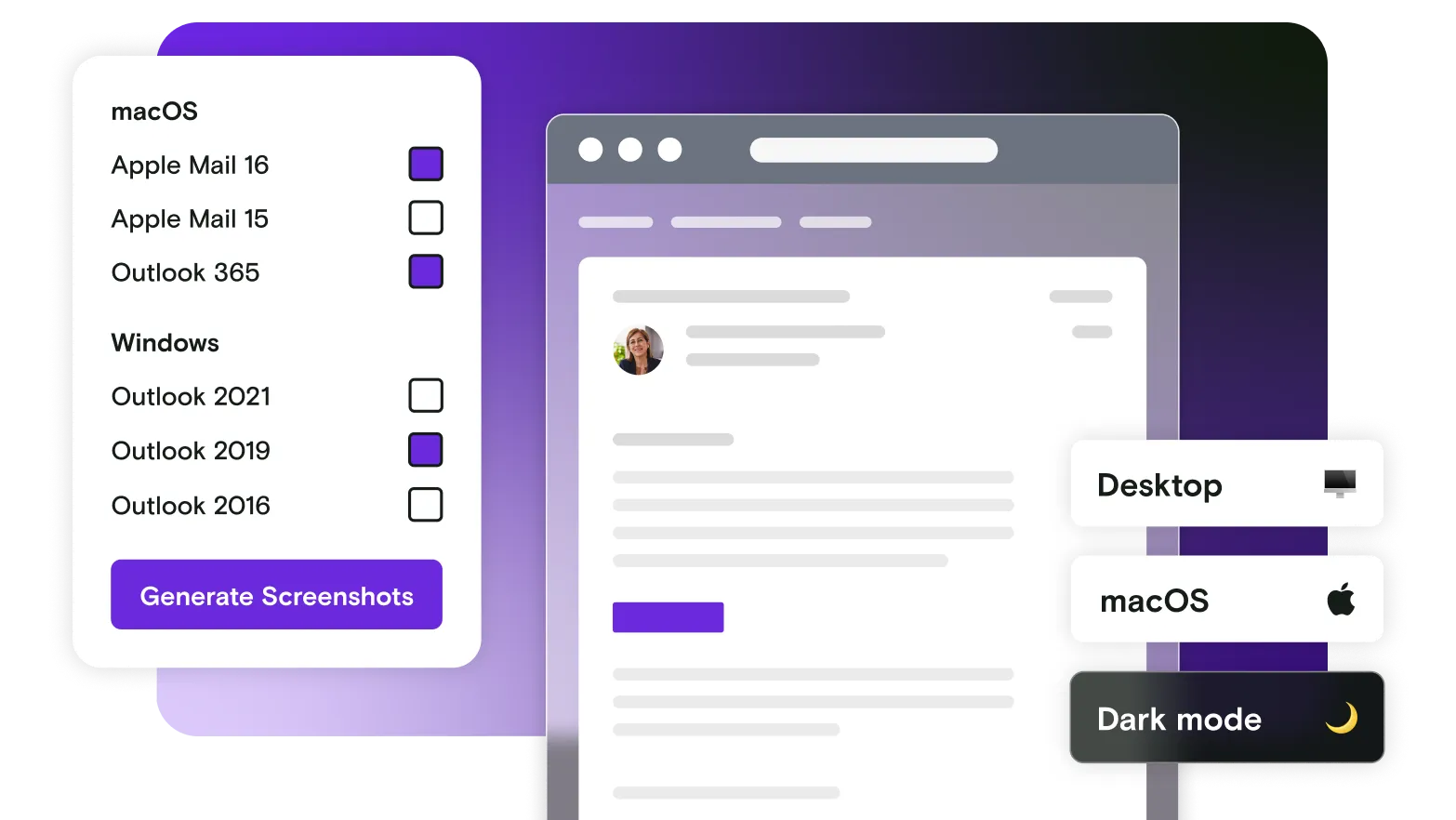 Email illustration with device dialog window and email clients list on a gradient background