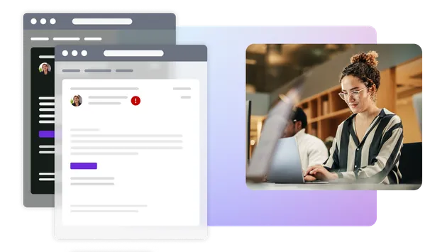 Picture of woman on laptop with dark and light mode email illustrations