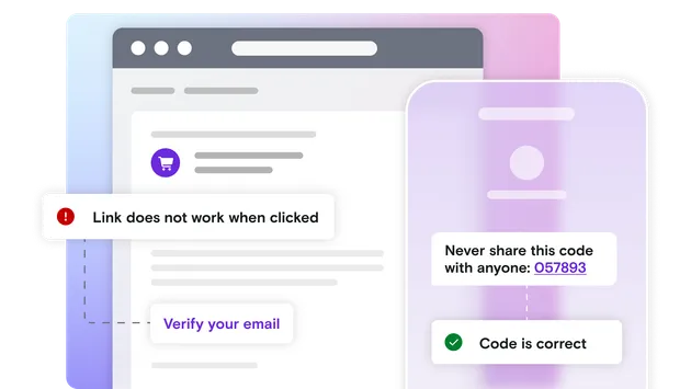 Email and mobile phone illustration with pass and fail notifications on a gradient background