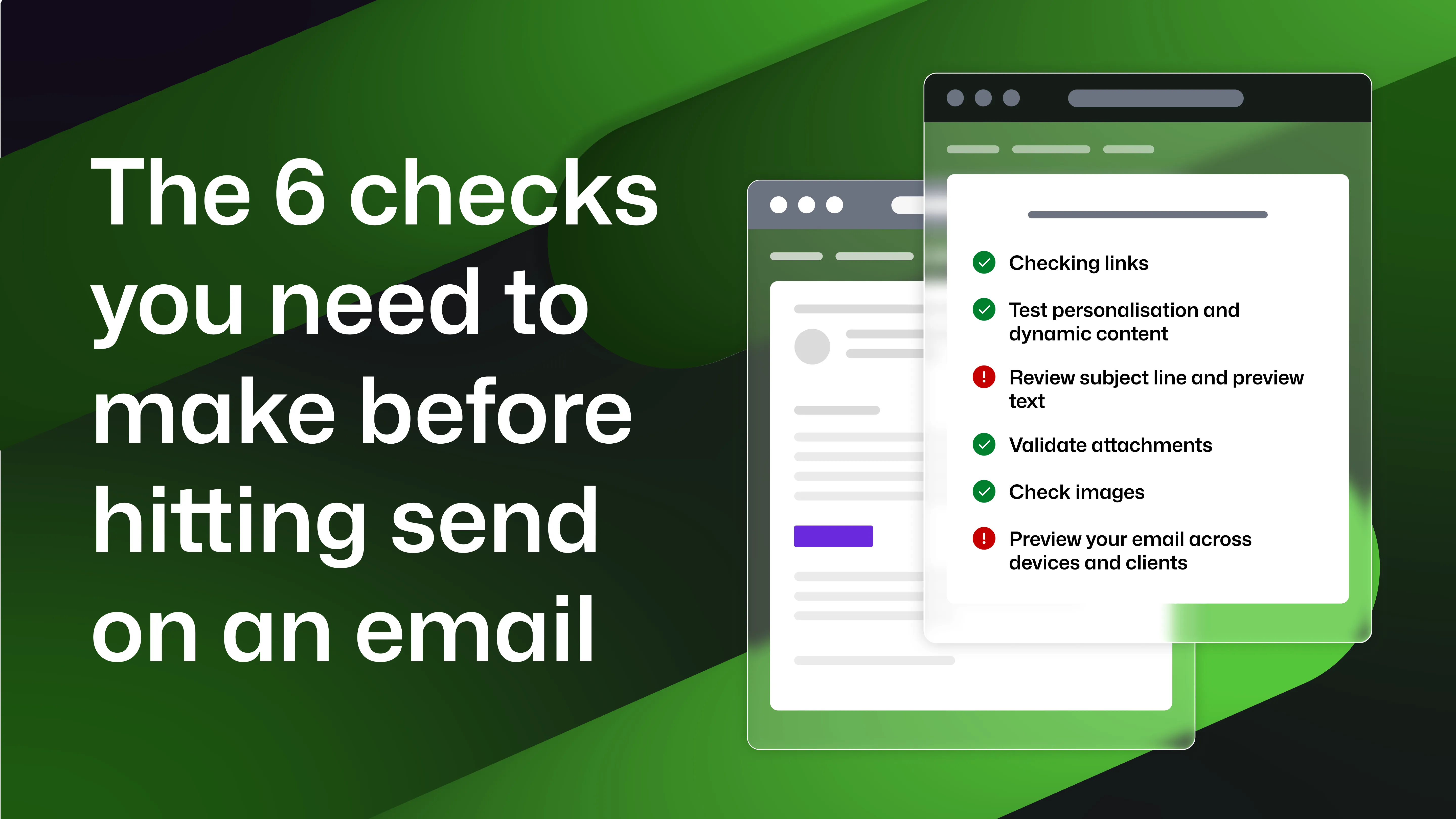 Text reads "The 6 checks you need to make before hitting send on an email", showing two windows - one with an email and one with a checklist.