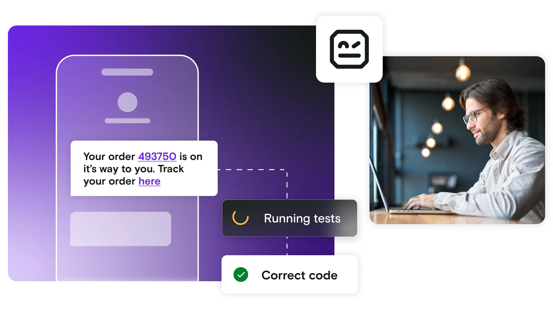 Mobile illustration with image of man on laptop and pass notification on gradient background