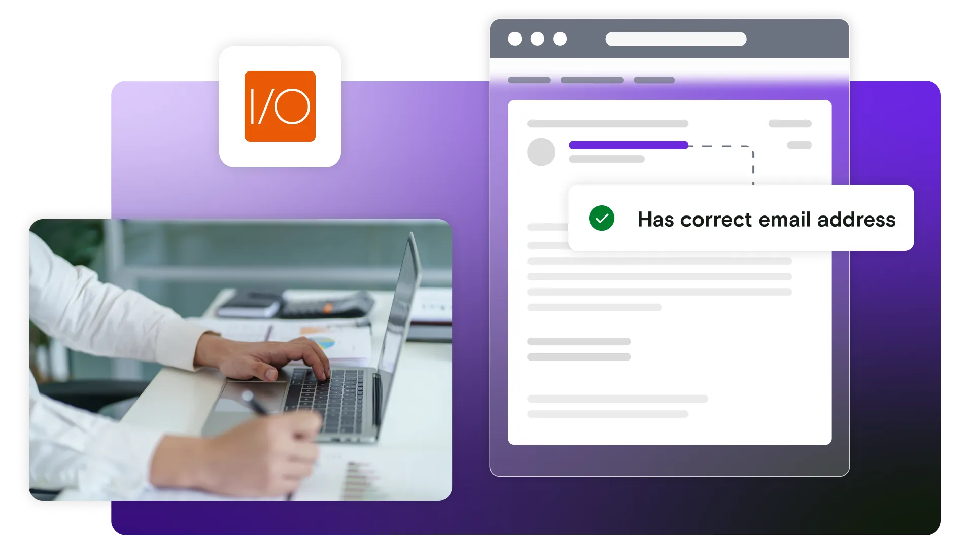 Email illustration with image of hands on laptop and Webdriver IO logo on gradient background