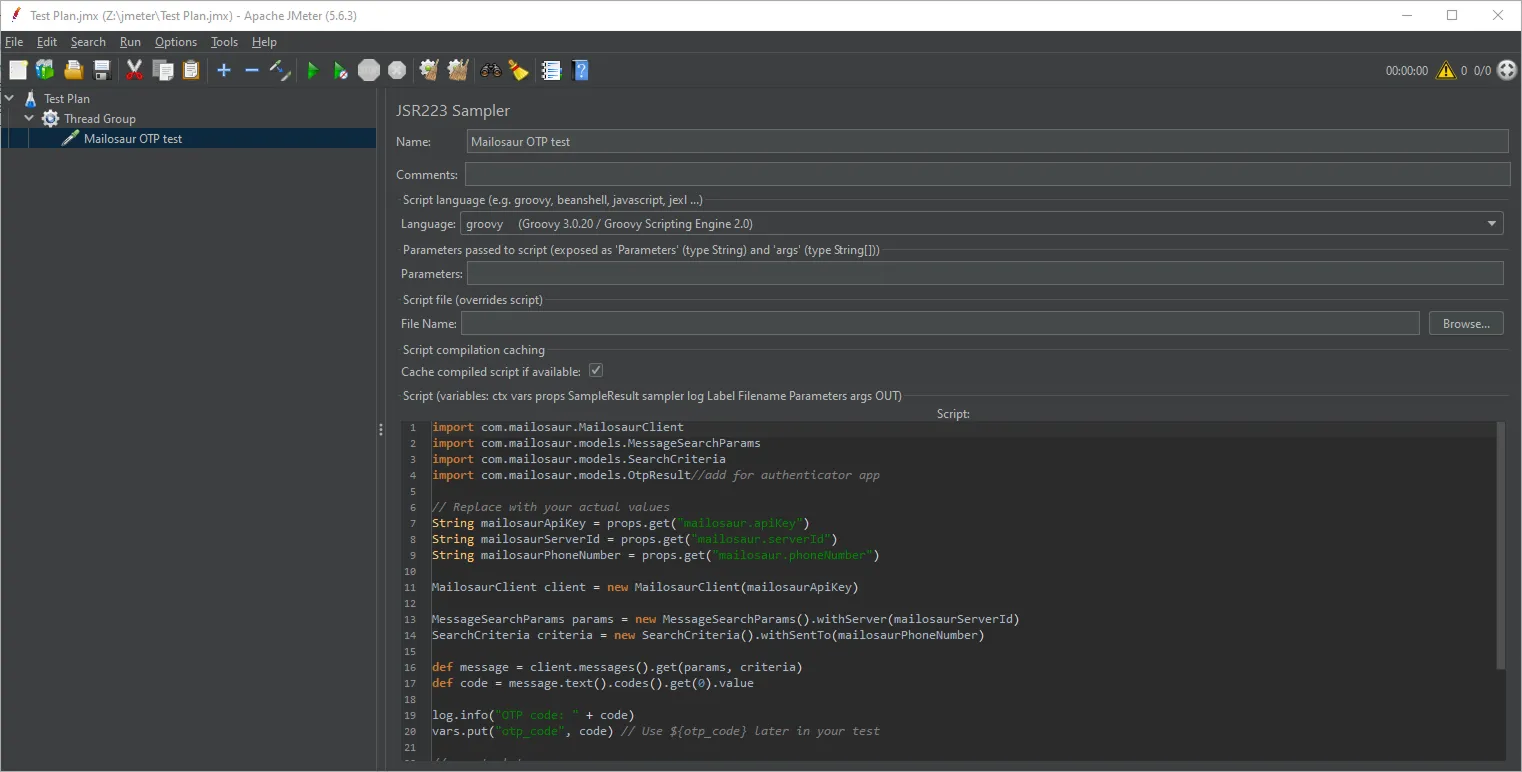 JMeter successfully completing an SMS 2FA/MFA test using Mailosaur.